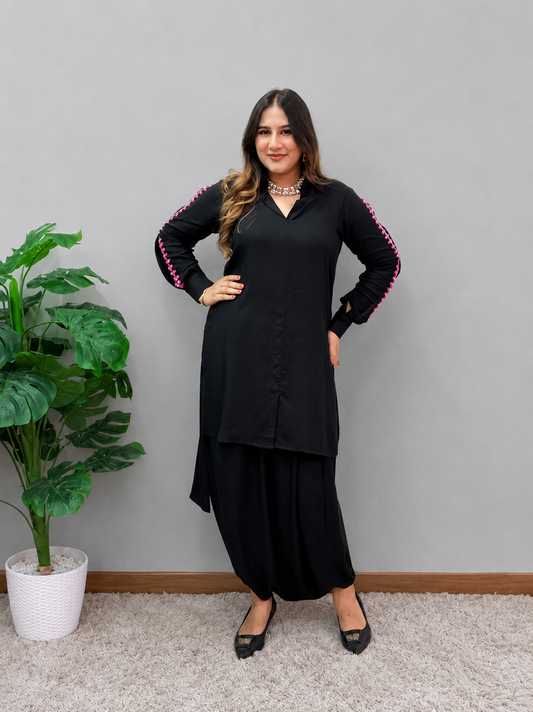 Black Cord Set With Dhoti Pants