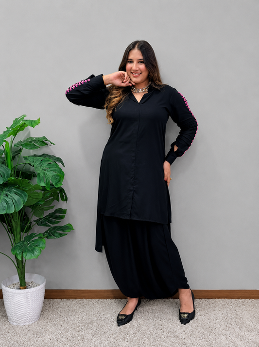 Black Cord Set With Dhoti Pants