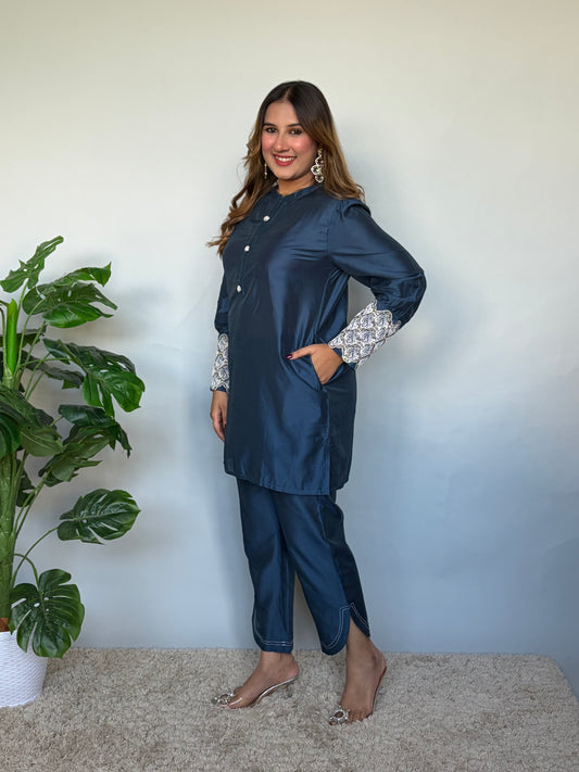 Embroidered Blue Cord Set