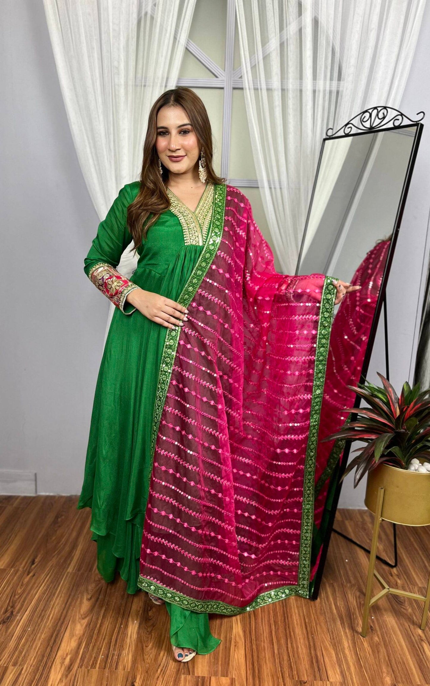 Green Indian Suit with Rani Pink Dupatta