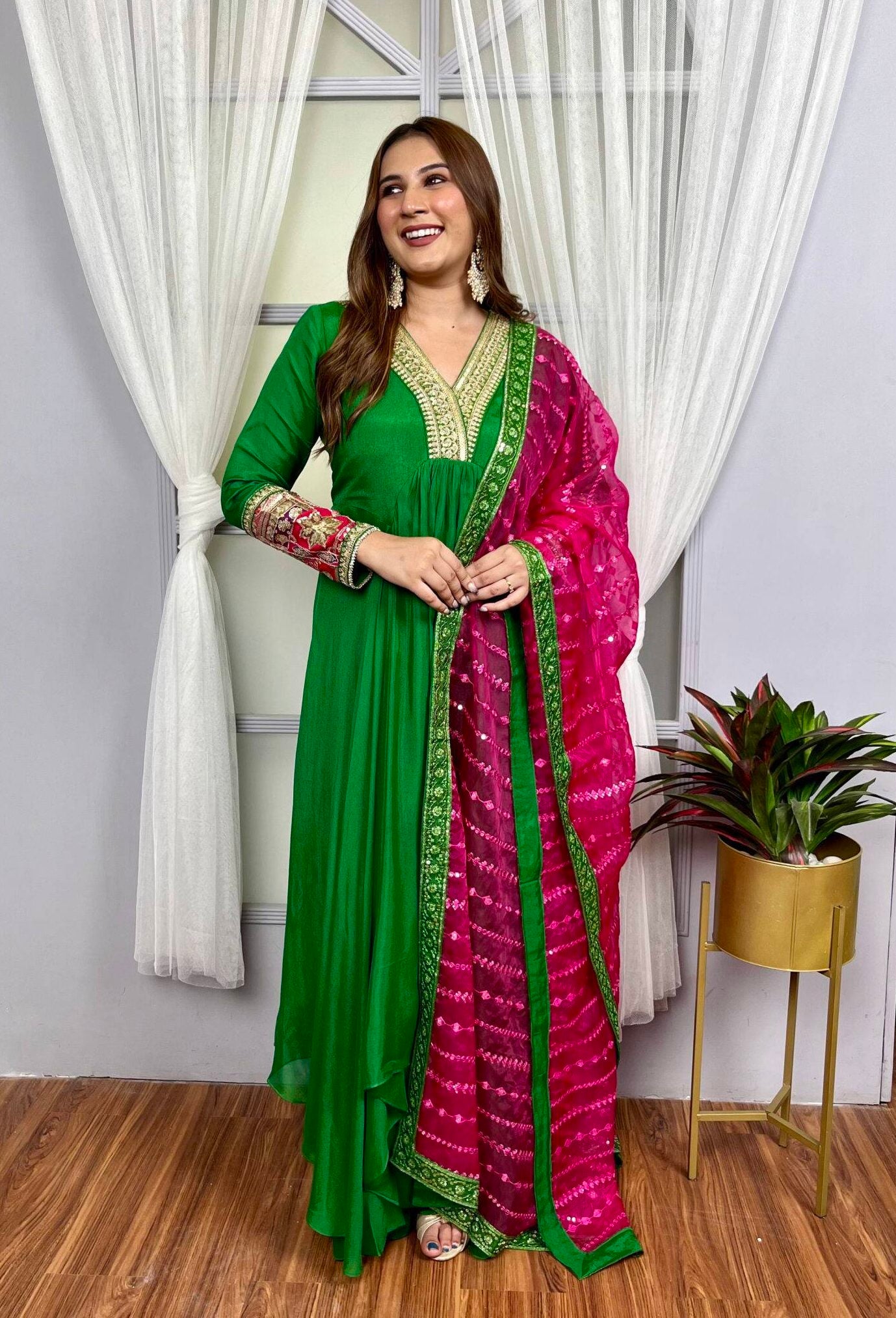 Green Indian Suit with Rani Pink Dupatta