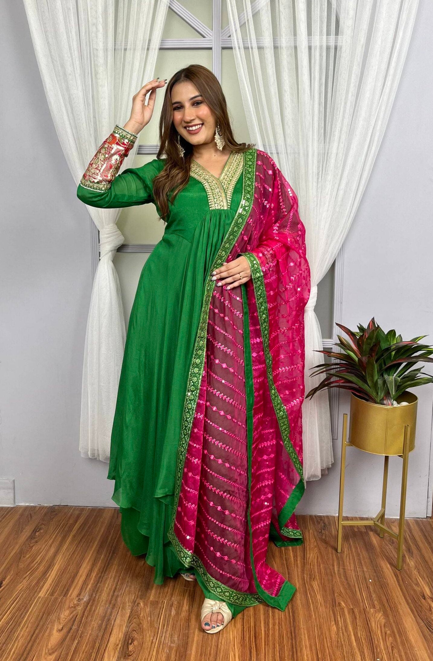 Green Indian Suit with Rani Pink Dupatta