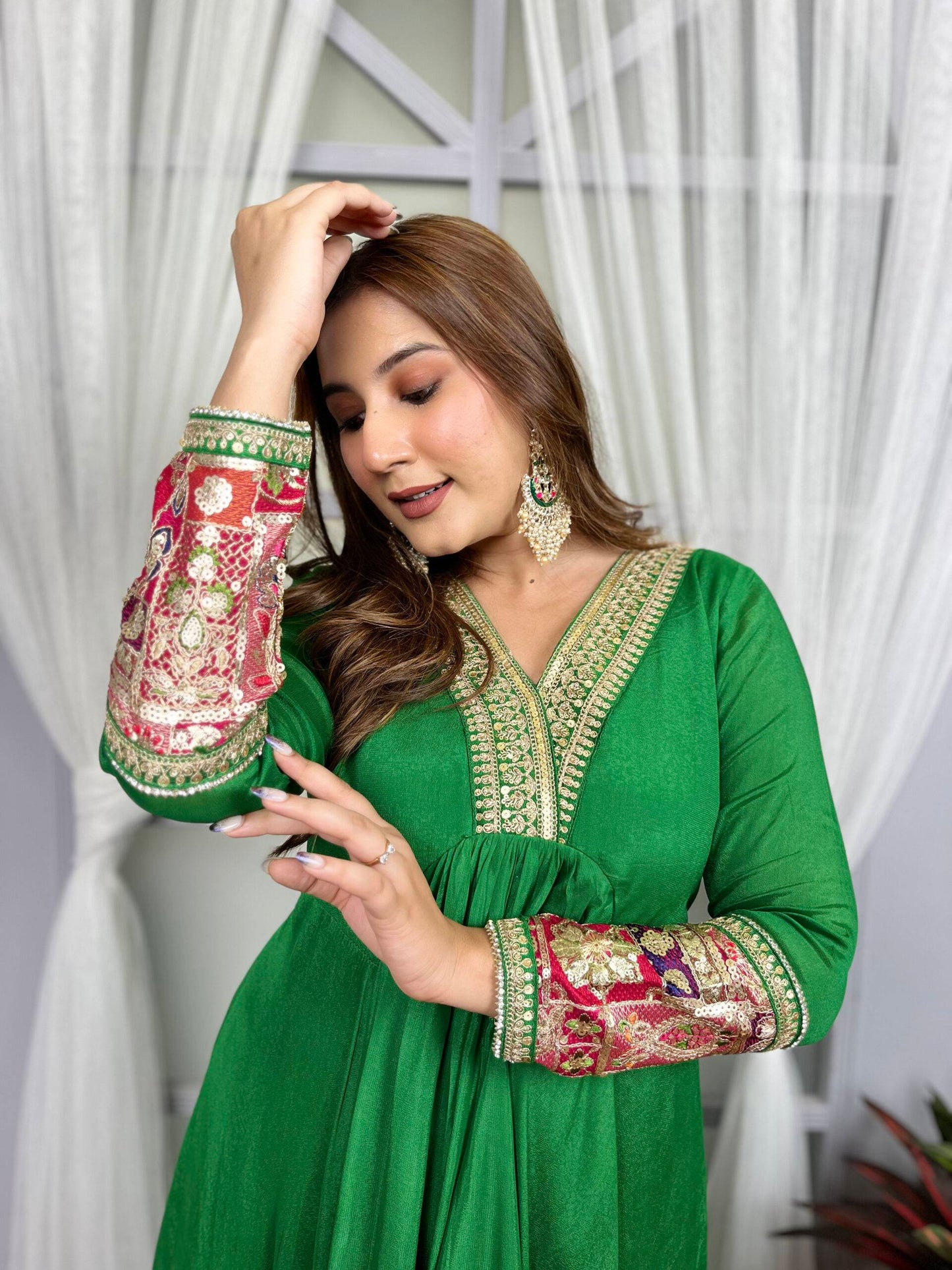 Green Indian Suit with Rani Pink Dupatta