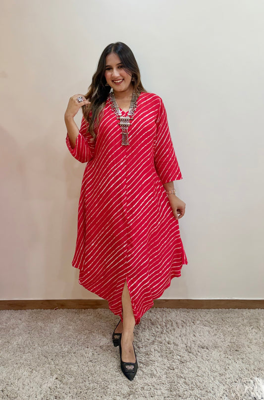 Red Leheriya Printed Dress
