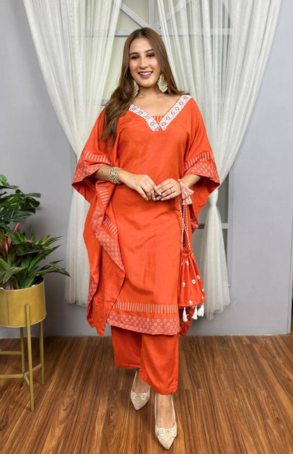 Orange Kaftan Style Co-ord Set + Potli Bag