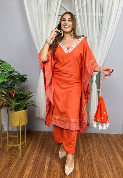 Orange Kaftan Style Co-ord Set + Potli Bag