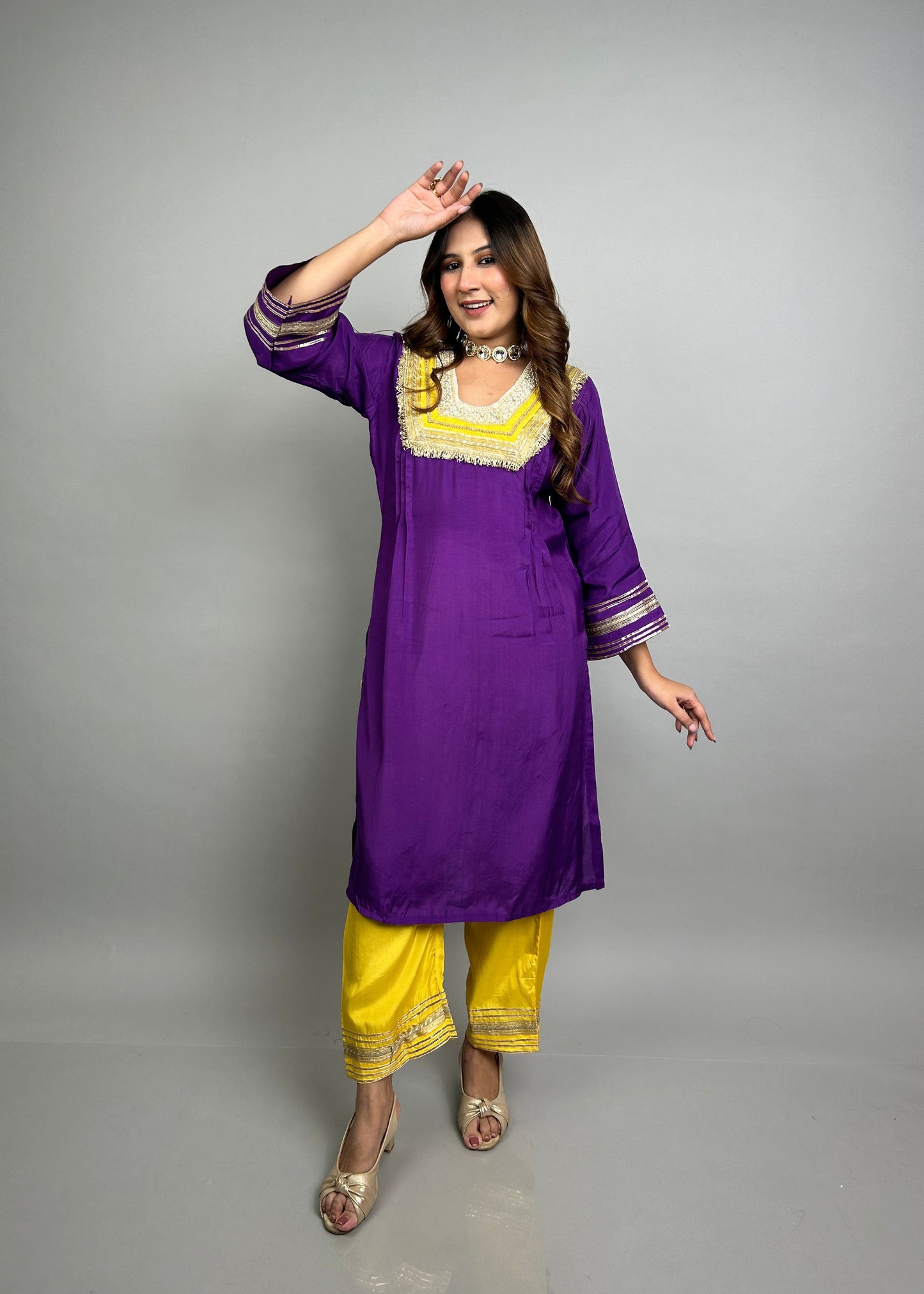 Rich Purple & Yellow Fusion Set with Pearl Embroidery