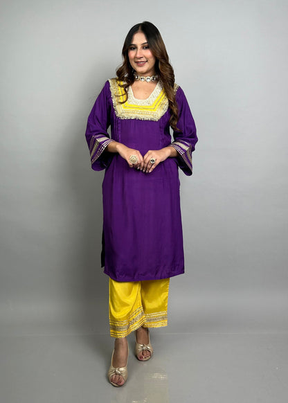 Rich Purple & Yellow Fusion Set with Pearl Embroidery