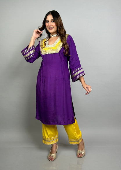 Rich Purple & Yellow Fusion Set with Pearl Embroidery