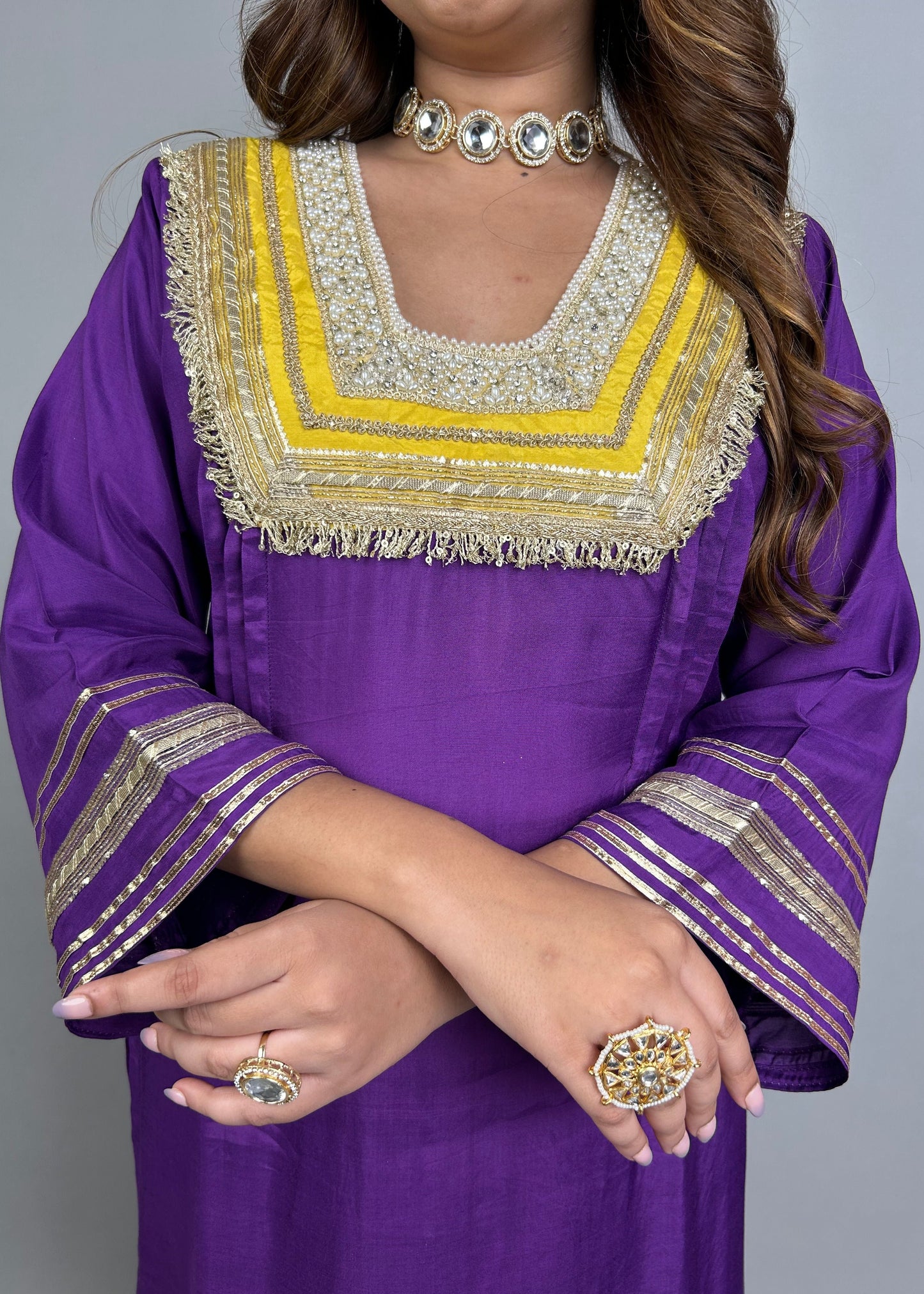 Rich Purple & Yellow Fusion Set with Pearl Embroidery