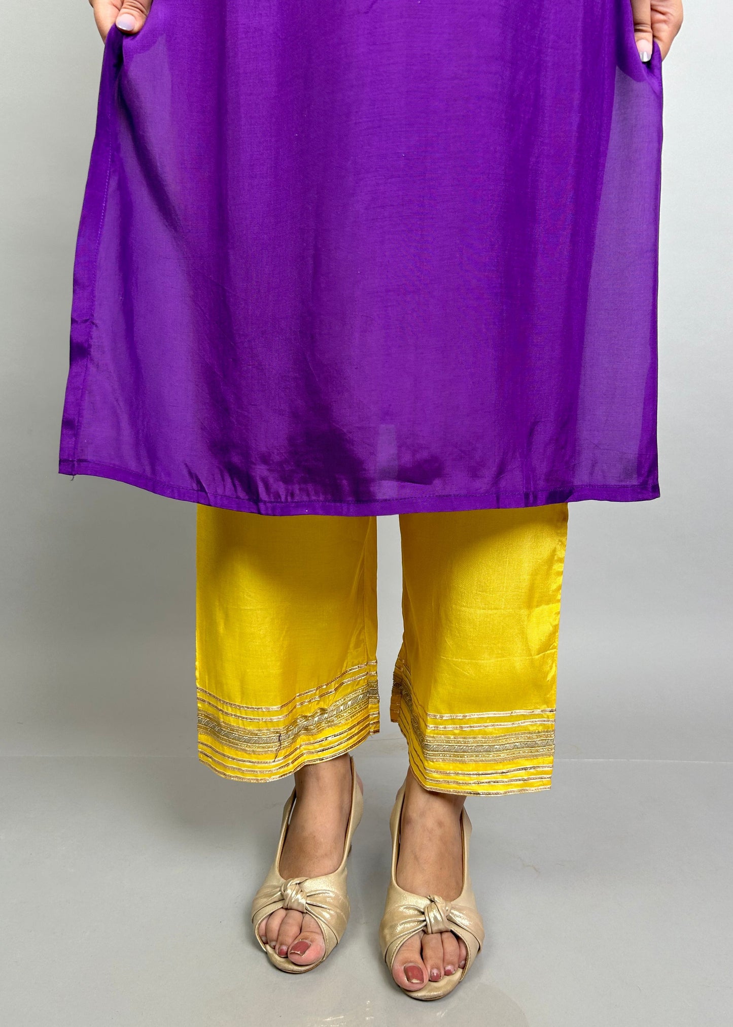 Rich Purple & Yellow Fusion Set with Pearl Embroidery