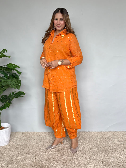 Orange Cord Set With Golden Work