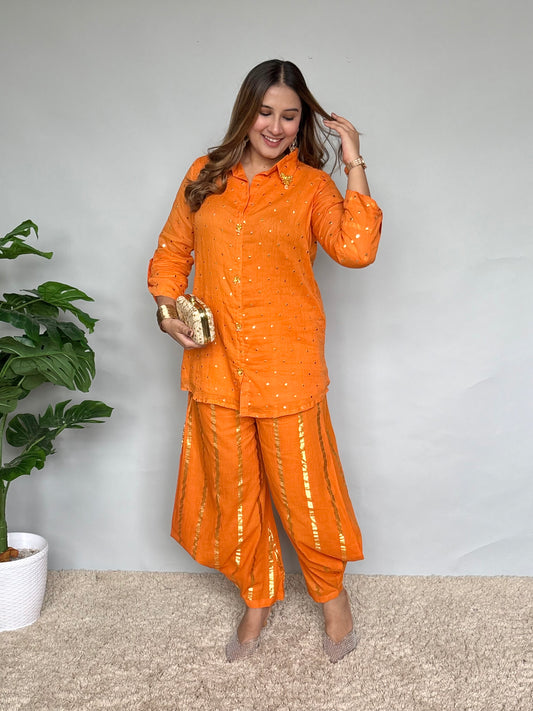 Orange Cord Set With Golden Work