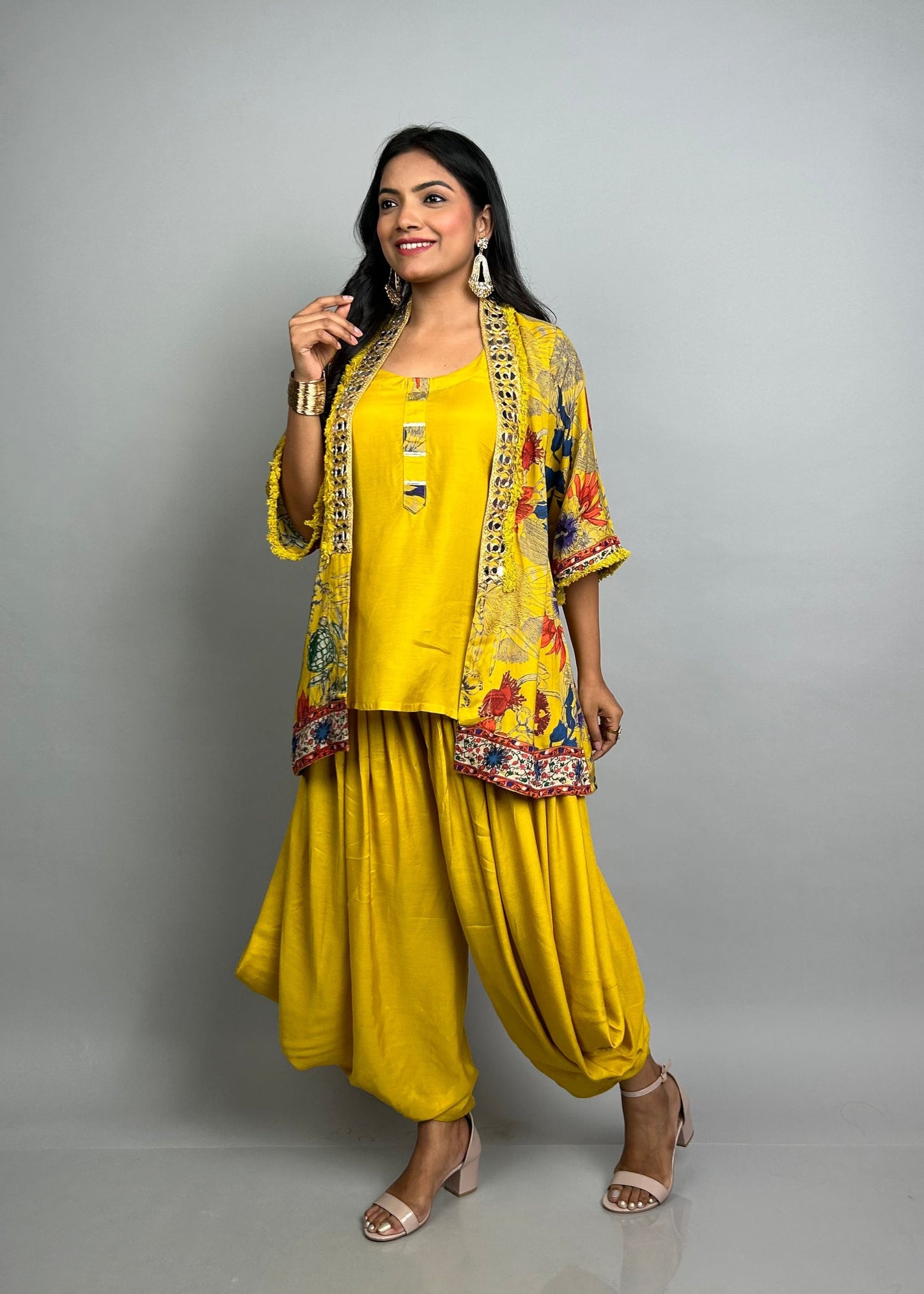 Yellow Dhoti Set with Cover-Up & Mirrorwork