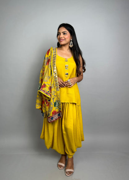 Yellow Dhoti Set with Cover-Up & Mirrorwork