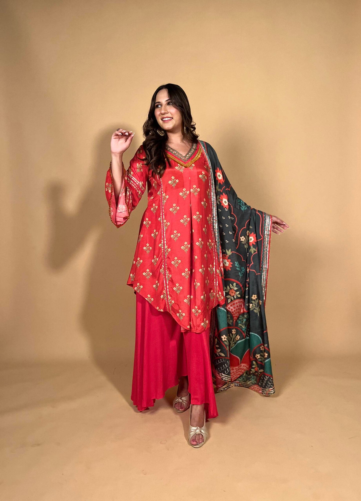 Red Floral Suit with Contrasting Dupatta