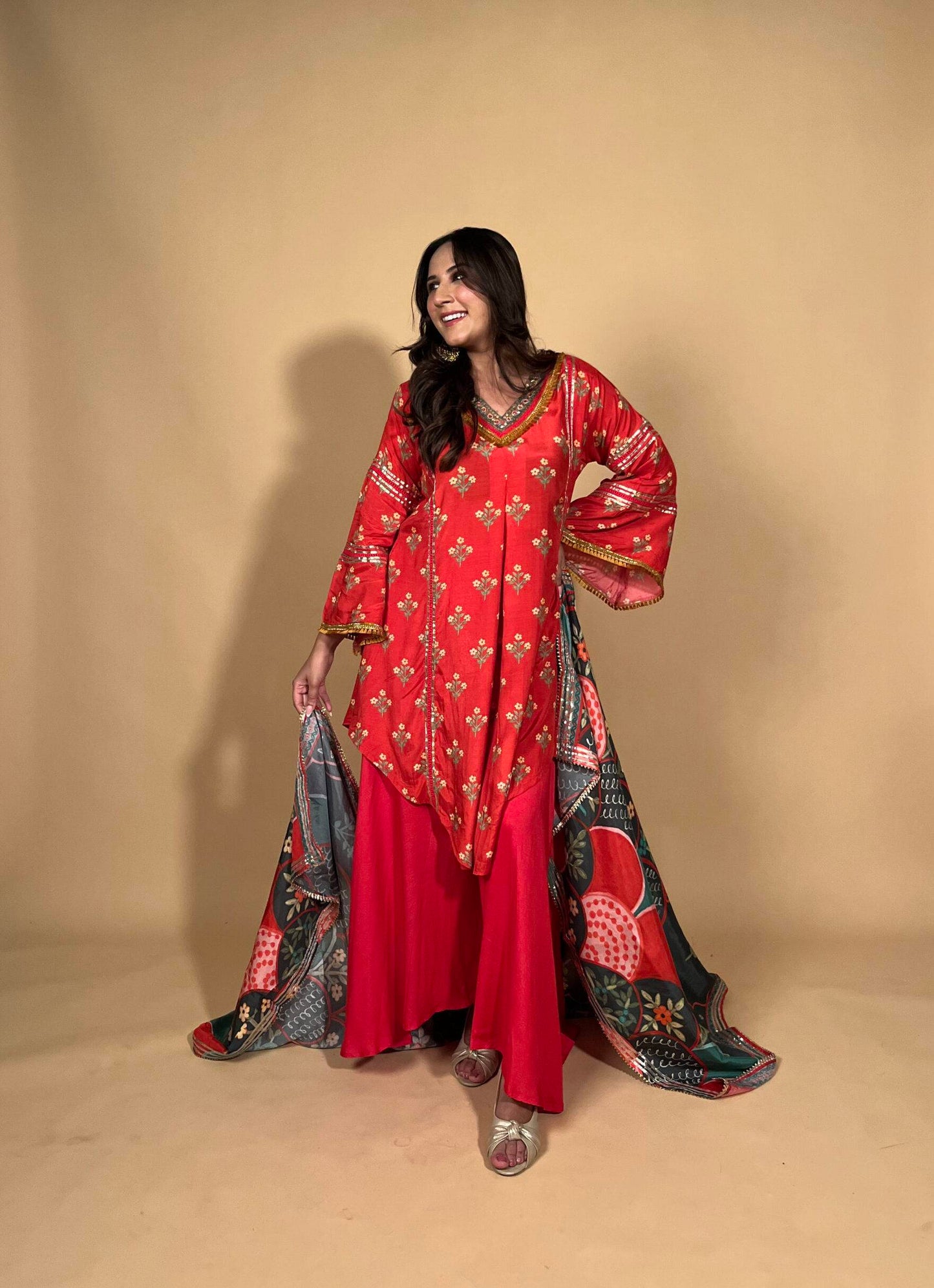 Red Floral Suit with Contrasting Dupatta