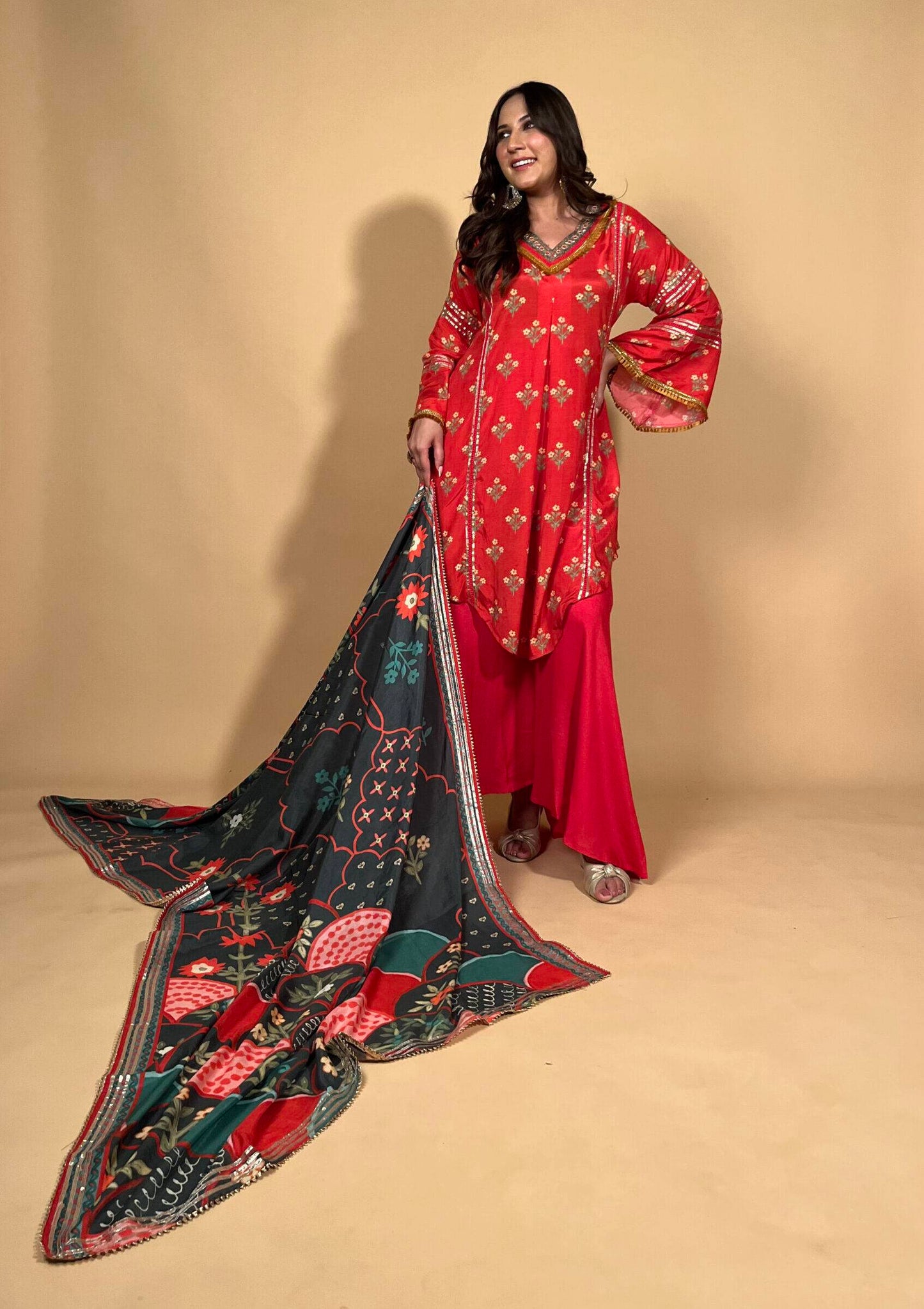 Red Floral Suit with Contrasting Dupatta