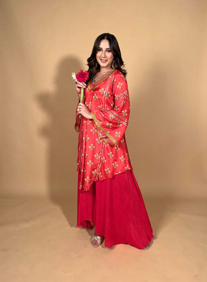 Red Floral Suit with Contrasting Dupatta