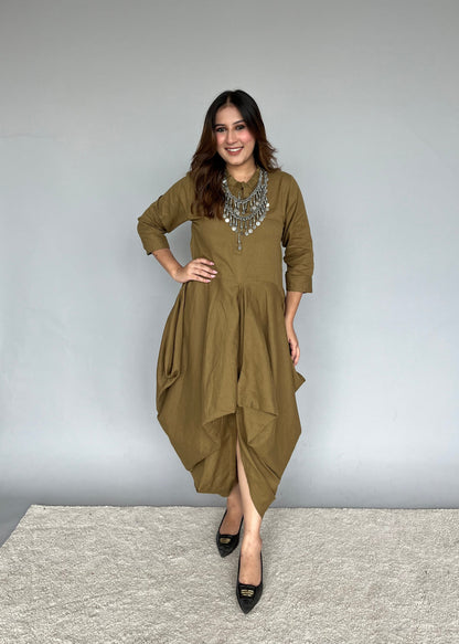 Olive Dhoti Dress with a Silver Neckpiece