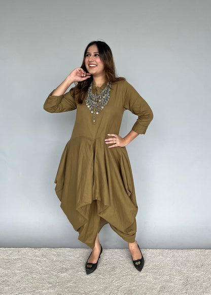 Olive Dhoti Dress with a Silver Neckpiece