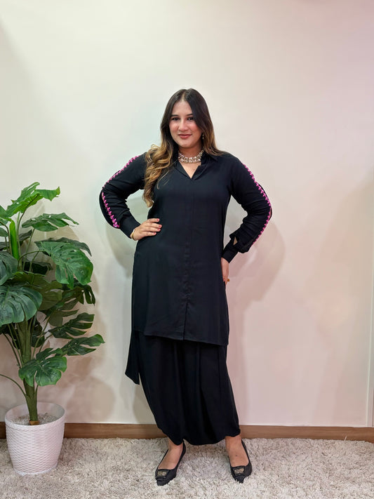 Black Cord Set With Dhoti Pants