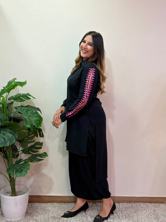 Black Cord Set With Dhoti Pants