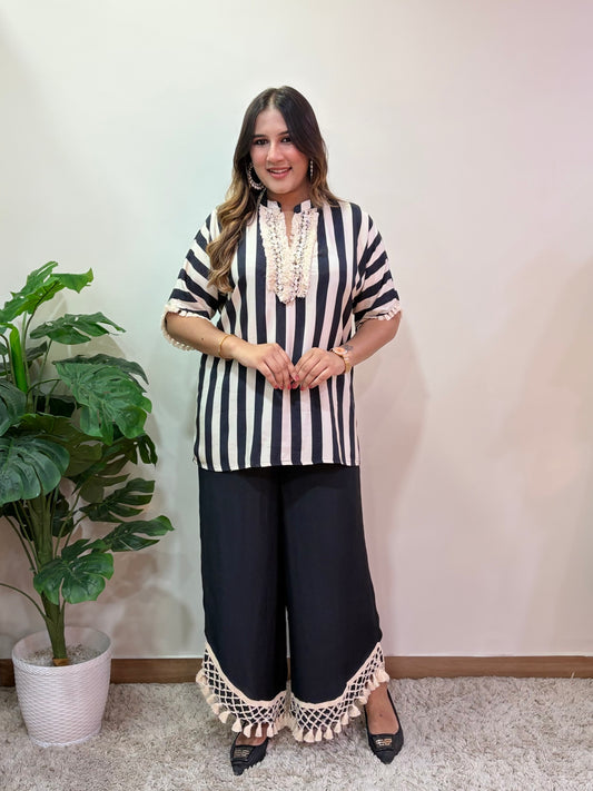 Black And Beige Striped Cord Set