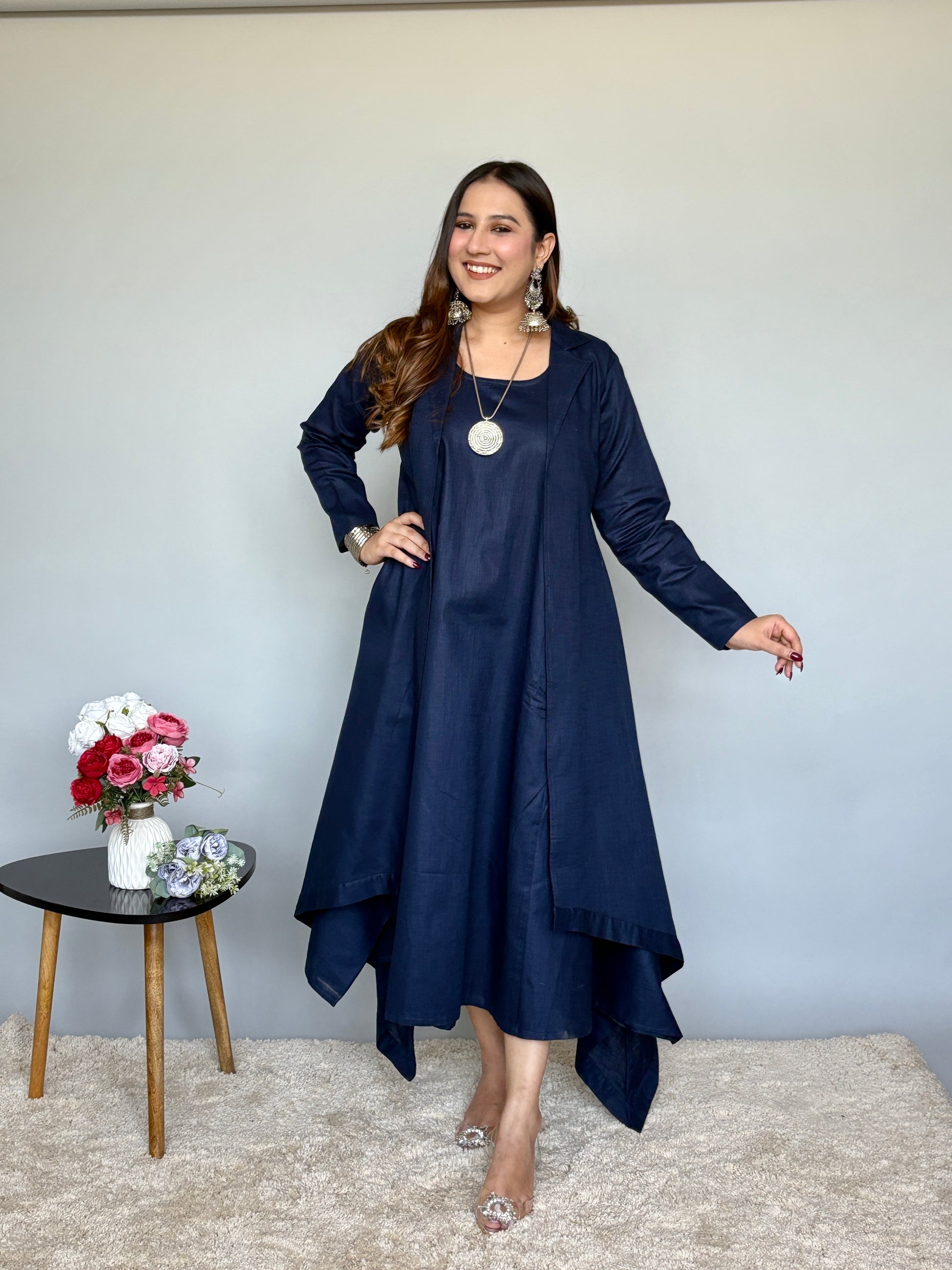 Navy Blue Asymmetrical Linen Dress With Jacket Navy Blue Asymmetrical Linen Dress With Jacket