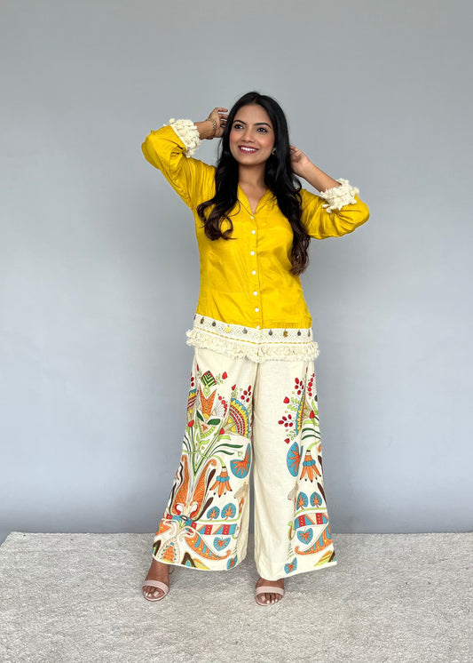 Crocheted Yellow Shirt & Printed Pants Co-ord Set