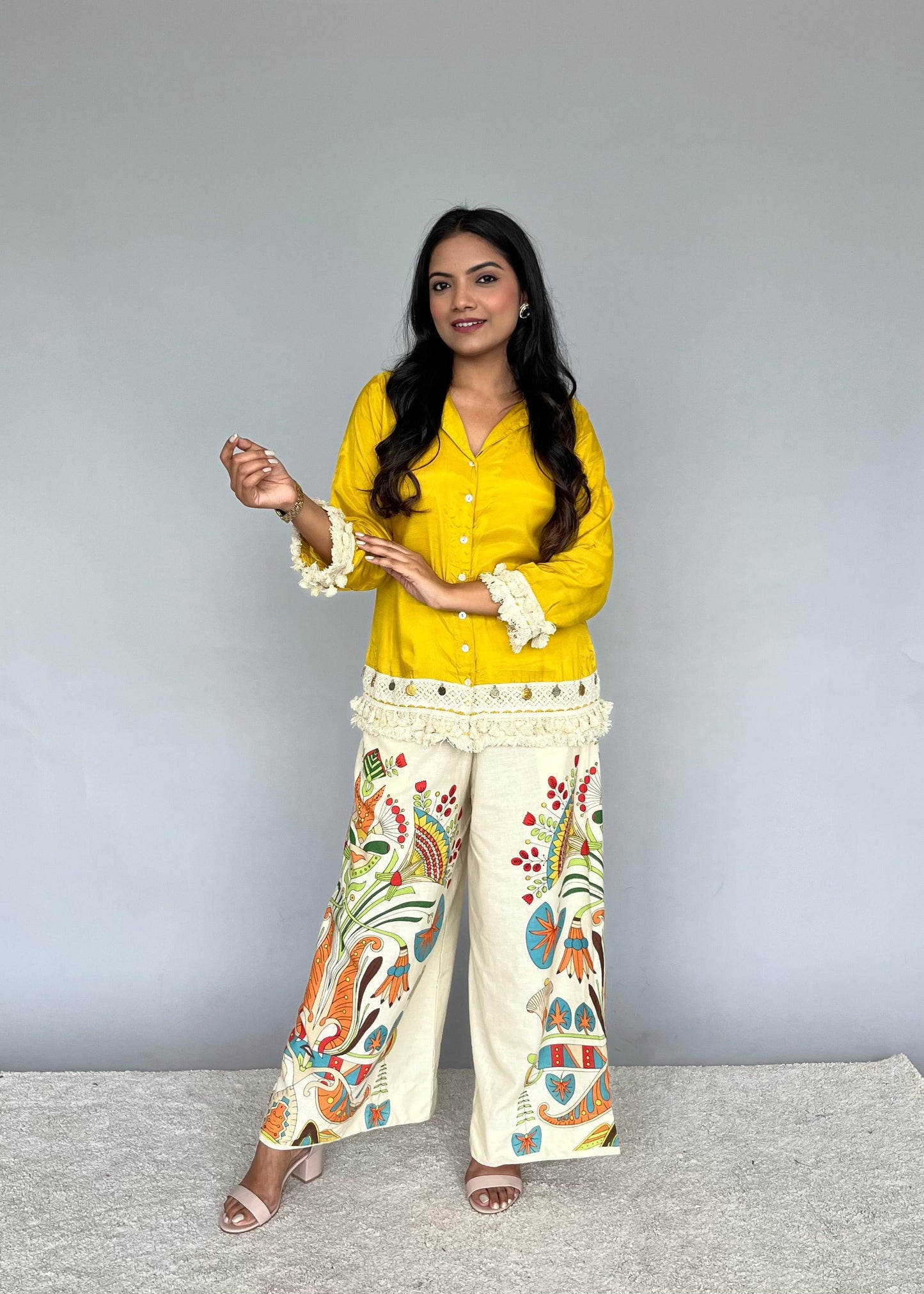 Crocheted Yellow Shirt & Printed Pants Co-ord Set