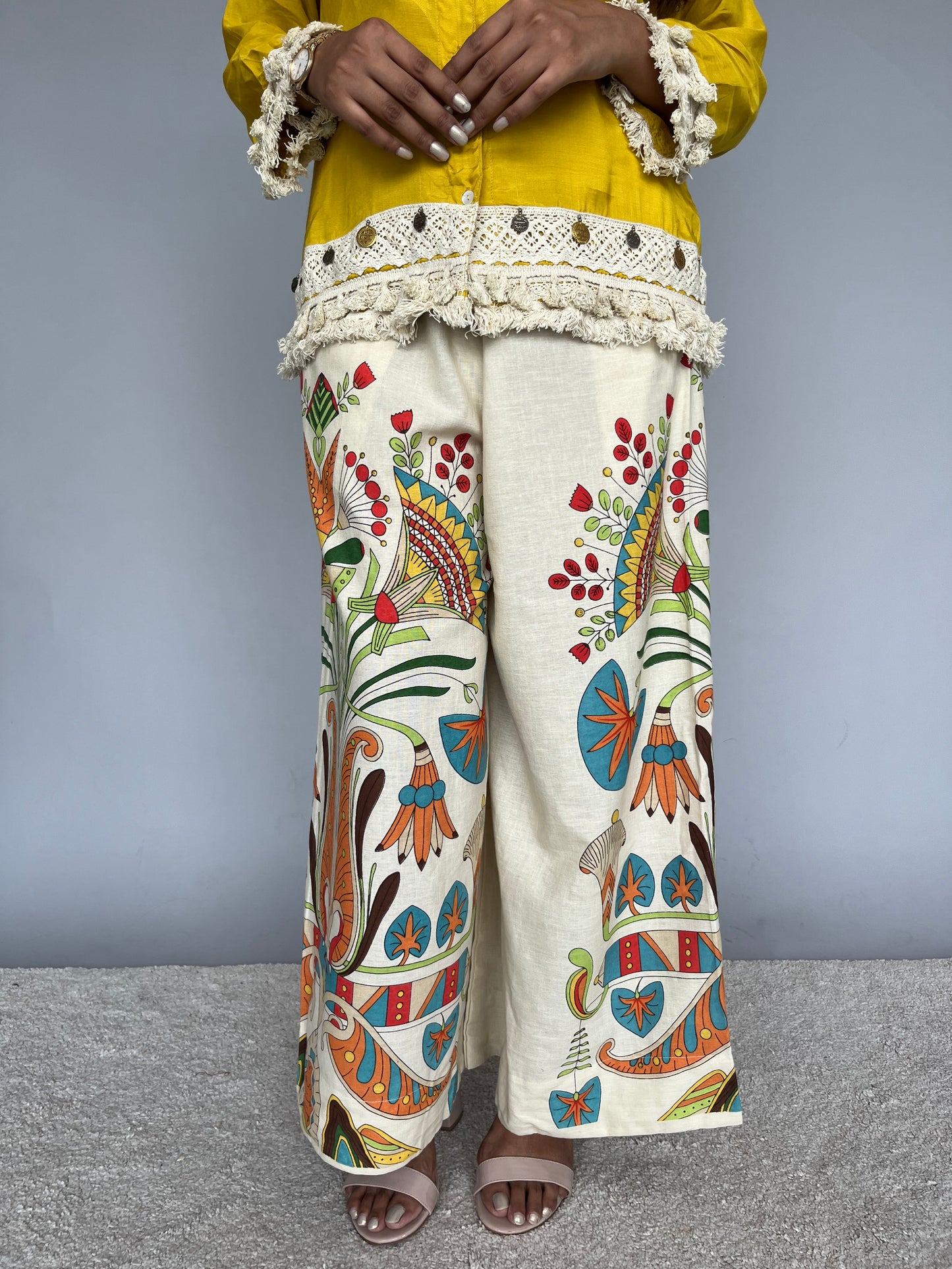 Crocheted Yellow Shirt & Printed Pants Co-ord Set