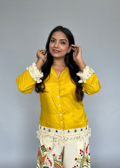 Crocheted Yellow Shirt & Printed Pants Co-ord Set