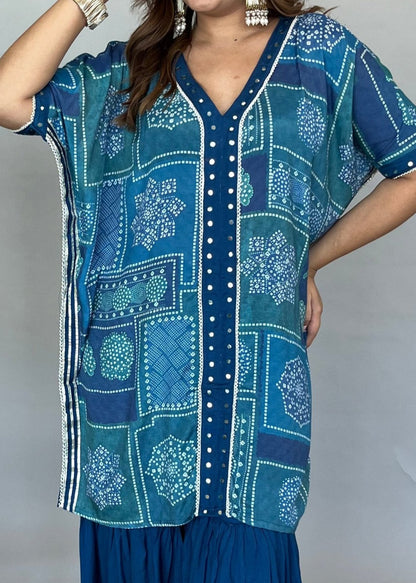 Blue Bandhani Printed Kaftan Set with Flowy Bottoms