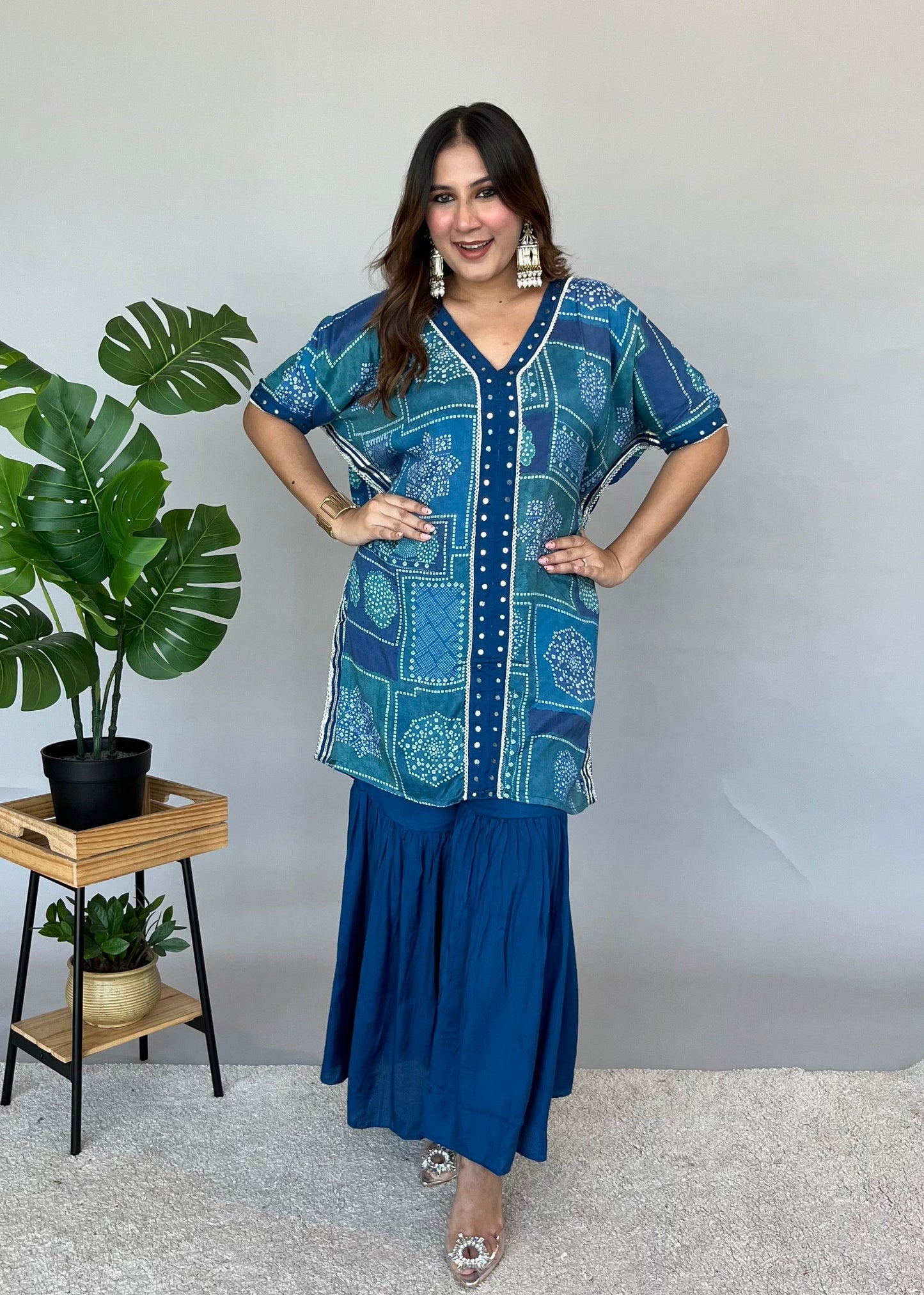 Blue Bandhani Printed Kaftan Set with Flowy Bottoms