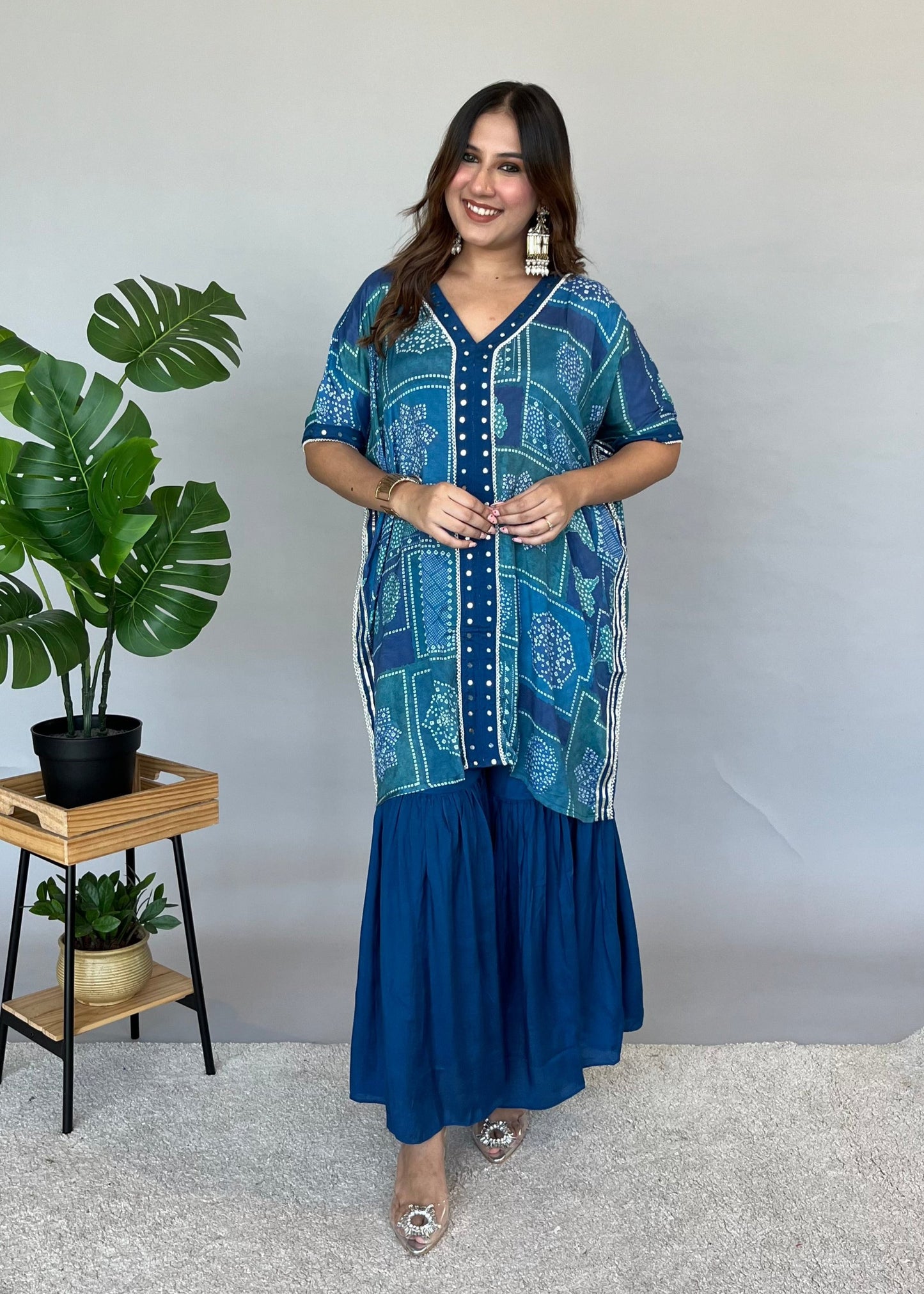 Blue Bandhani Printed Kaftan Set with Flowy Bottoms