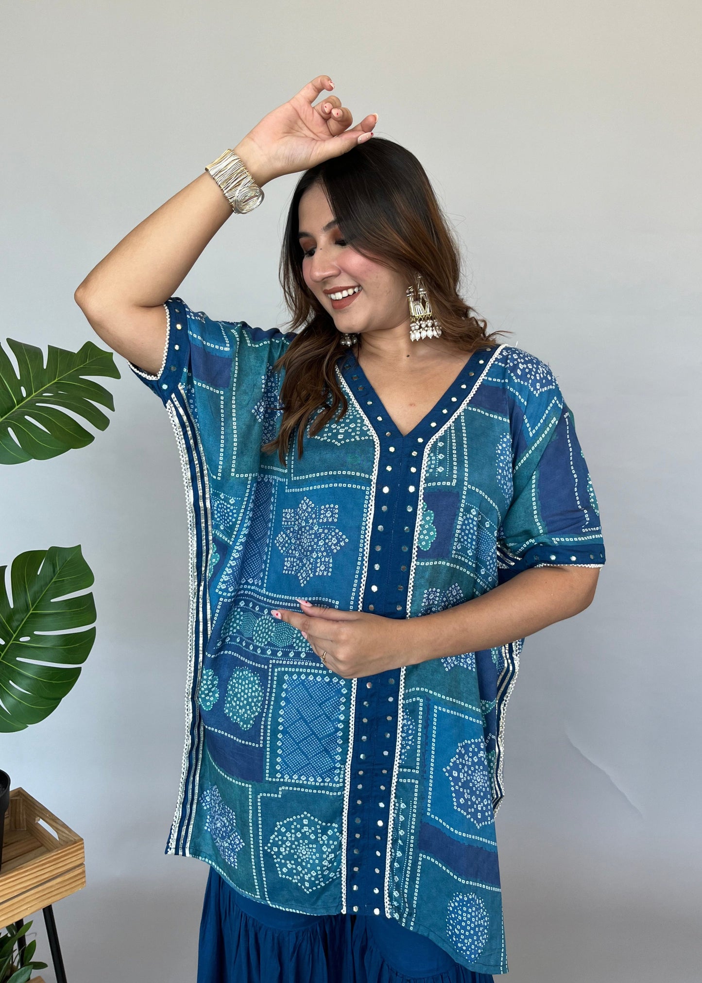 Blue Bandhani Printed Kaftan Set with Flowy Bottoms