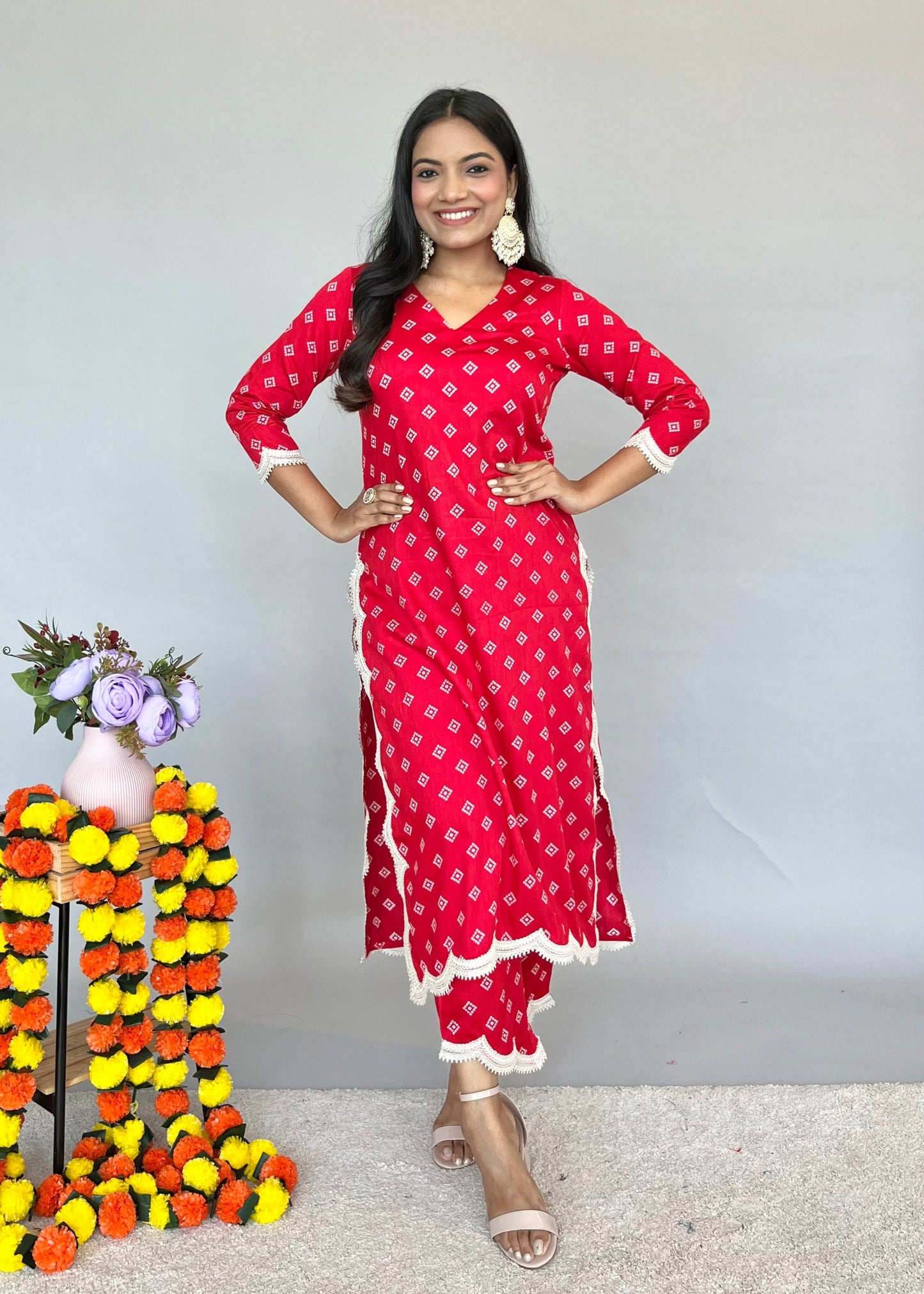 Red Dupatta Set with Bandhani Print