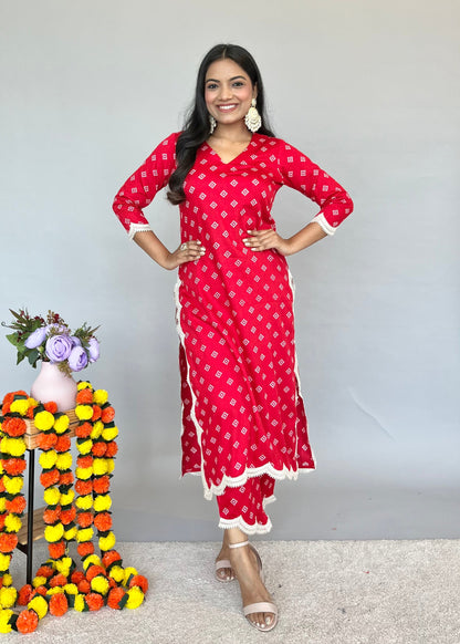 Red Dupatta Set with Bandhani Print