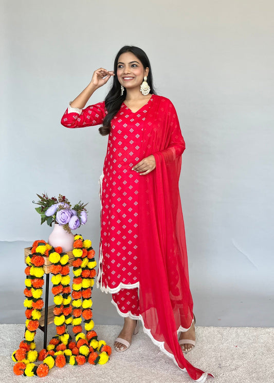 Red Dupatta Set with Bandhani Print