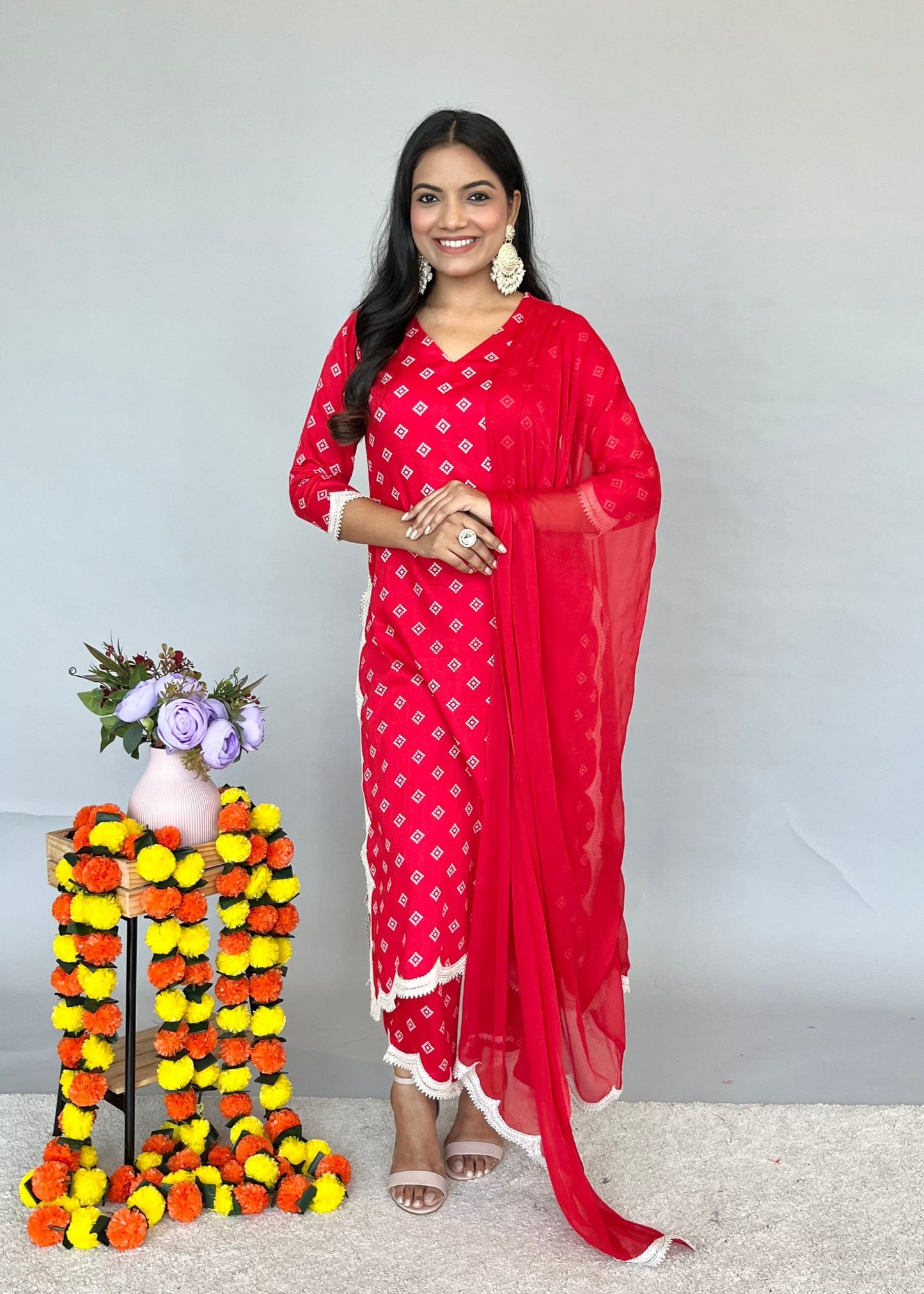 Red Dupatta Set with Bandhani Print