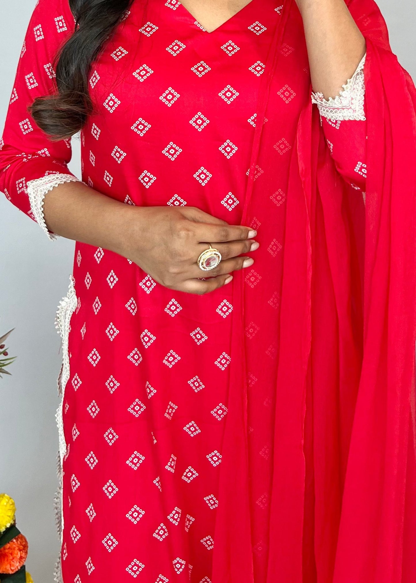 Red Dupatta Set with Bandhani Print