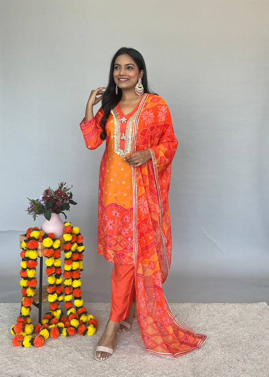 Vibrant Orange Dupatta Set with Embroidery