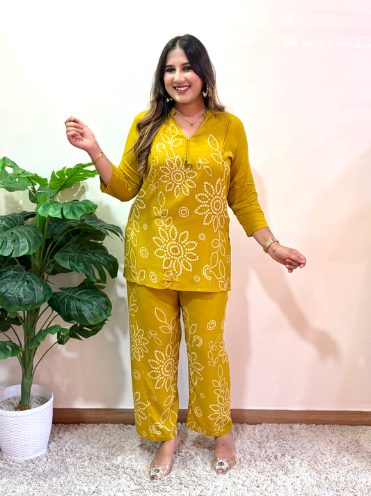 Mustard Floral Printed Cord Set