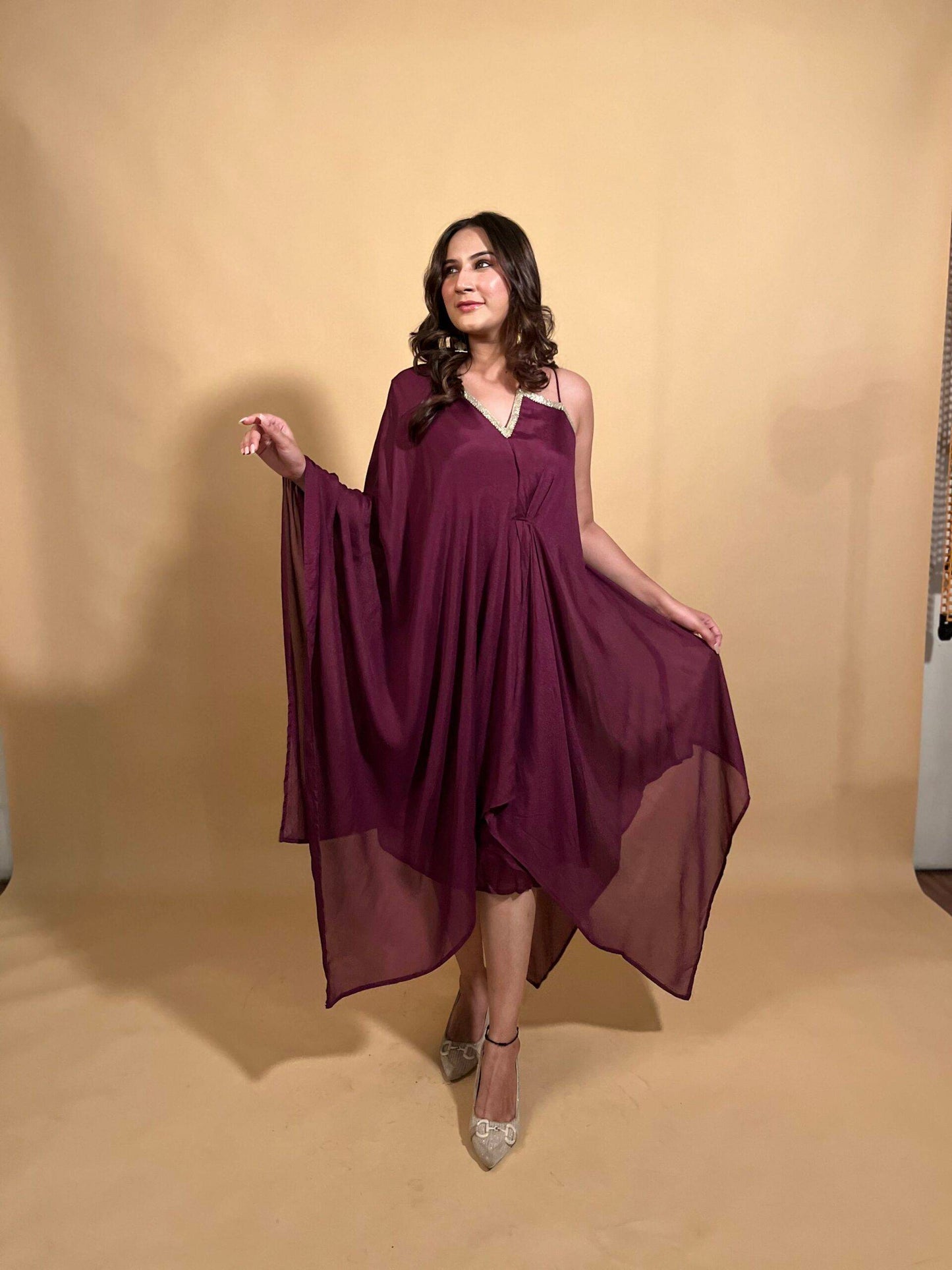 Maroon Asymmetric Dress with Detachable Sleeve