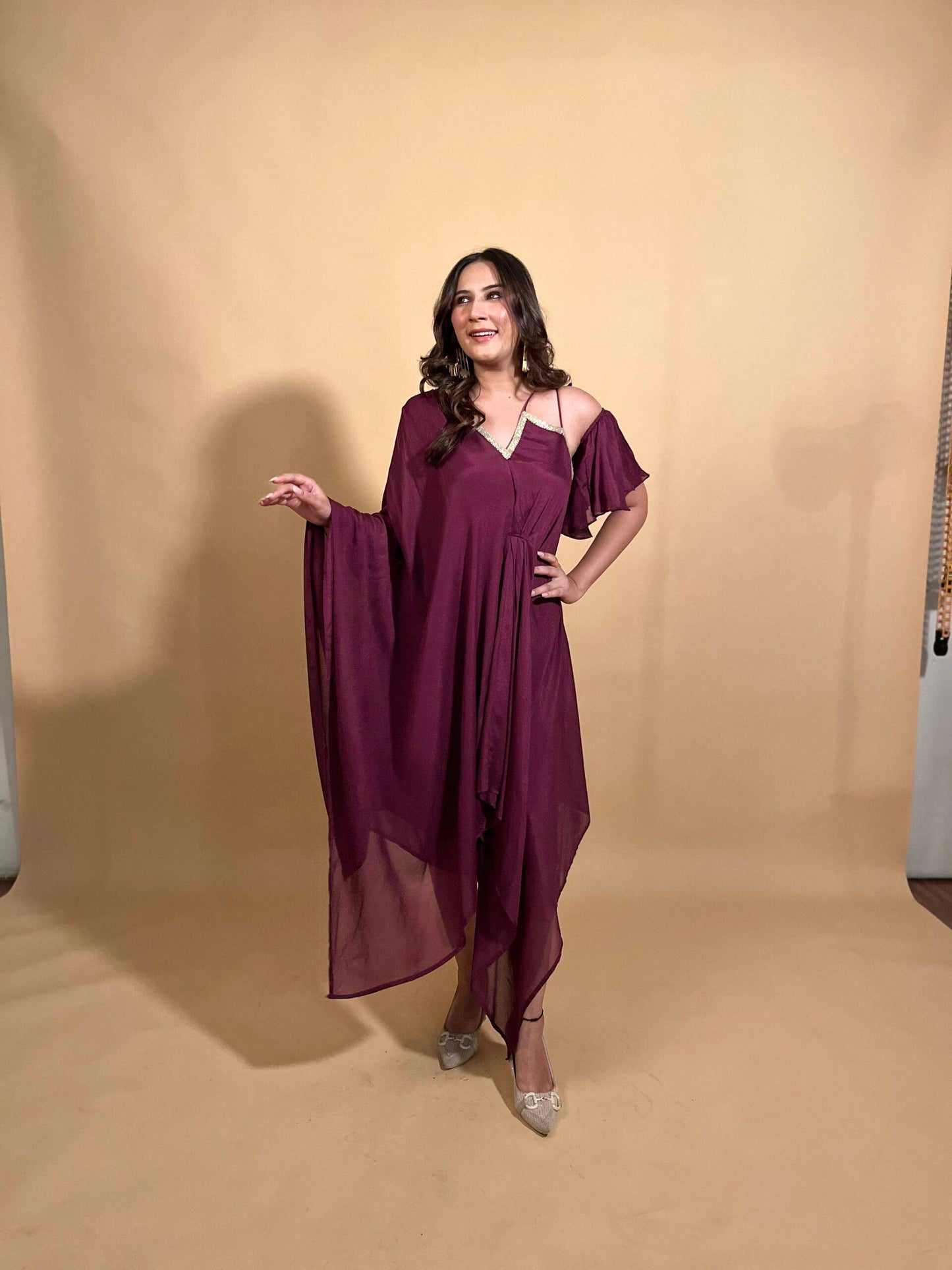 Maroon Asymmetric Dress with Detachable Sleeve