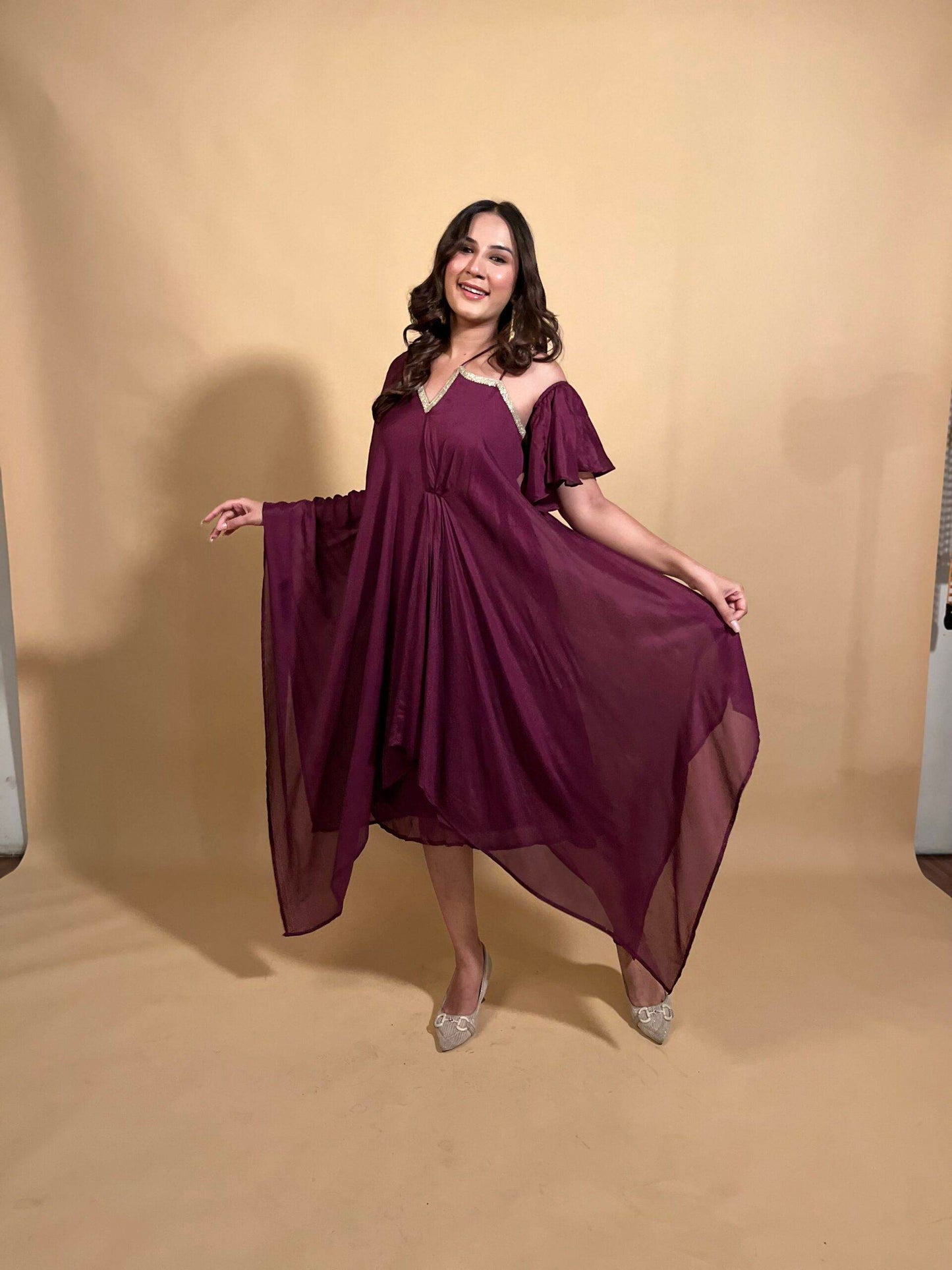 Maroon Asymmetric Dress with Detachable Sleeve