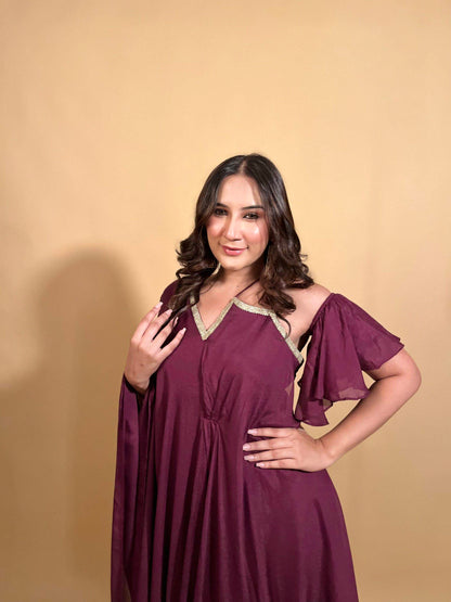 Maroon Asymmetric Dress with Detachable Sleeve