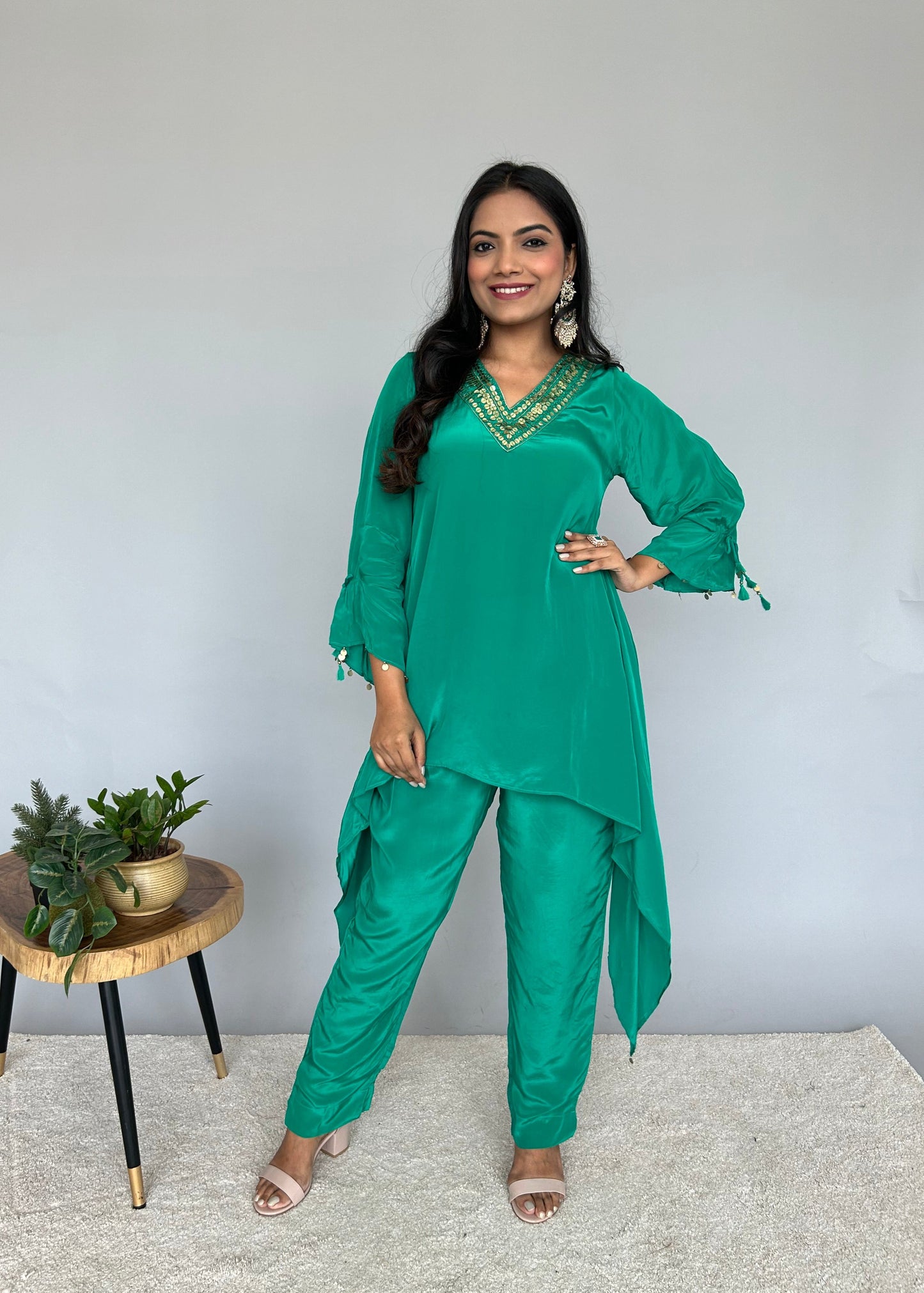 Vibrant Green Fusion Set with Embroidery