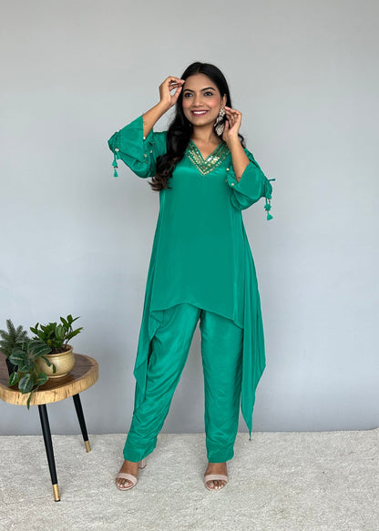 Vibrant Green Fusion Set with Embroidery